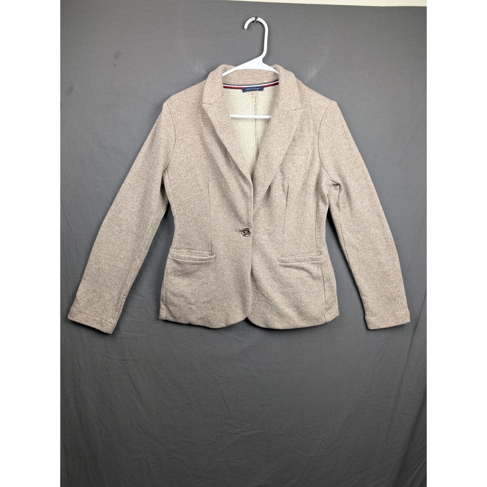 Tommy Hilfiger Womens Beige Knit Blazer Jacket Elbow Patches Size 4